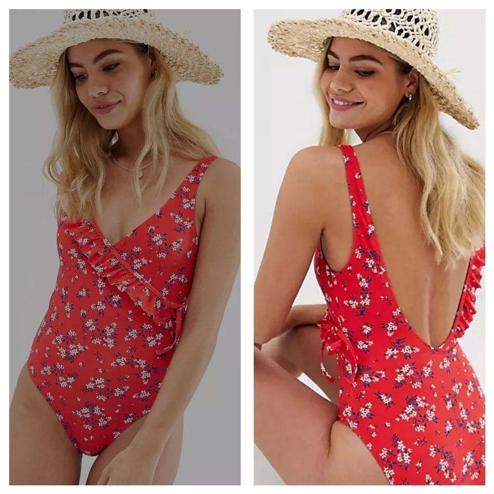 New Look Red Floral Frill Wrap Swimsuit Sz 12/M US V-neck Side Tie Holiday Beach